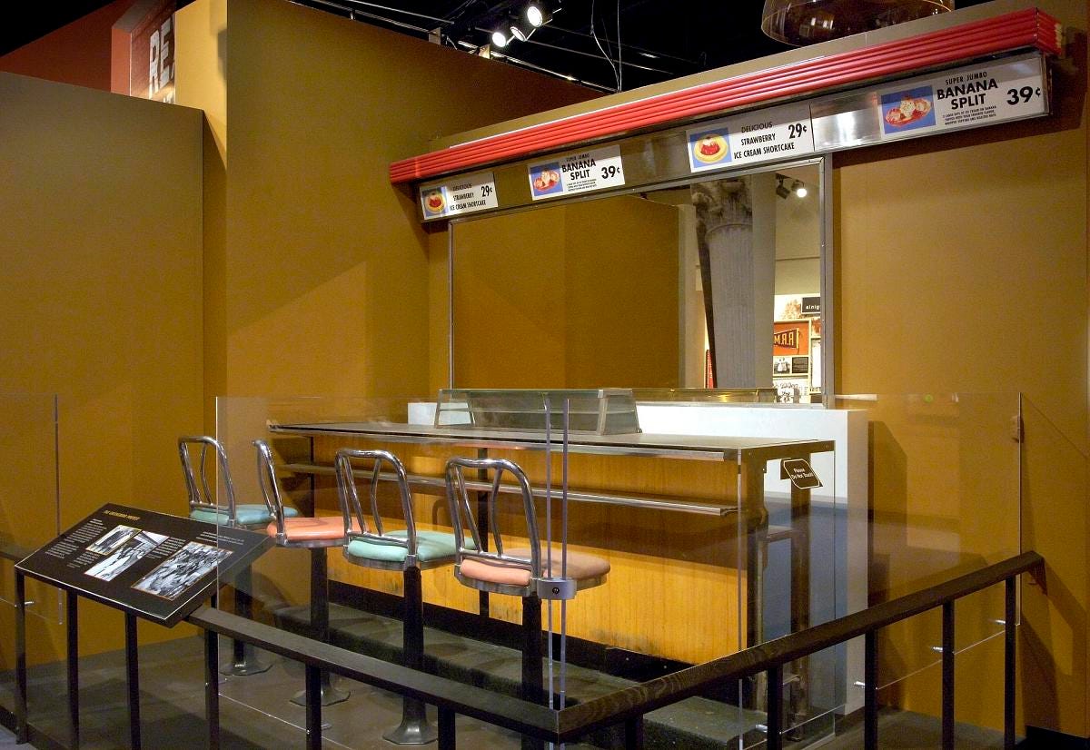 The empty Greensboro lunch counter in the Smithsonian The empty Greensboro lunch counter in the Smithsonian