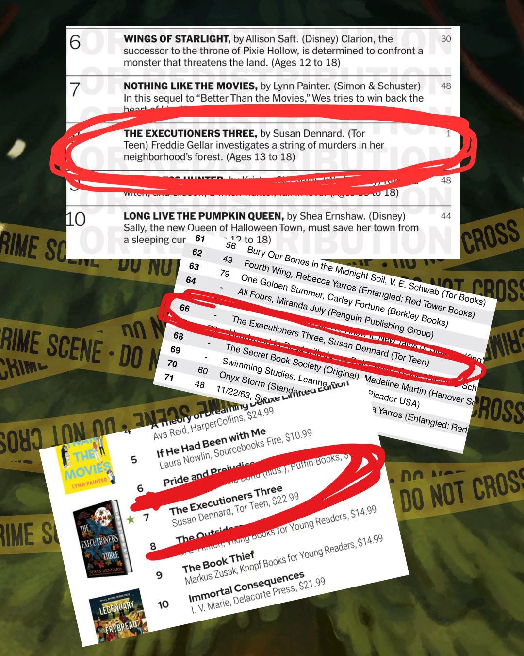 A graphic showing screenshots of the three bestseller lists Sooz hit and the number: NYT at #8, USA Today at #66, and Indie Bestseller at #7