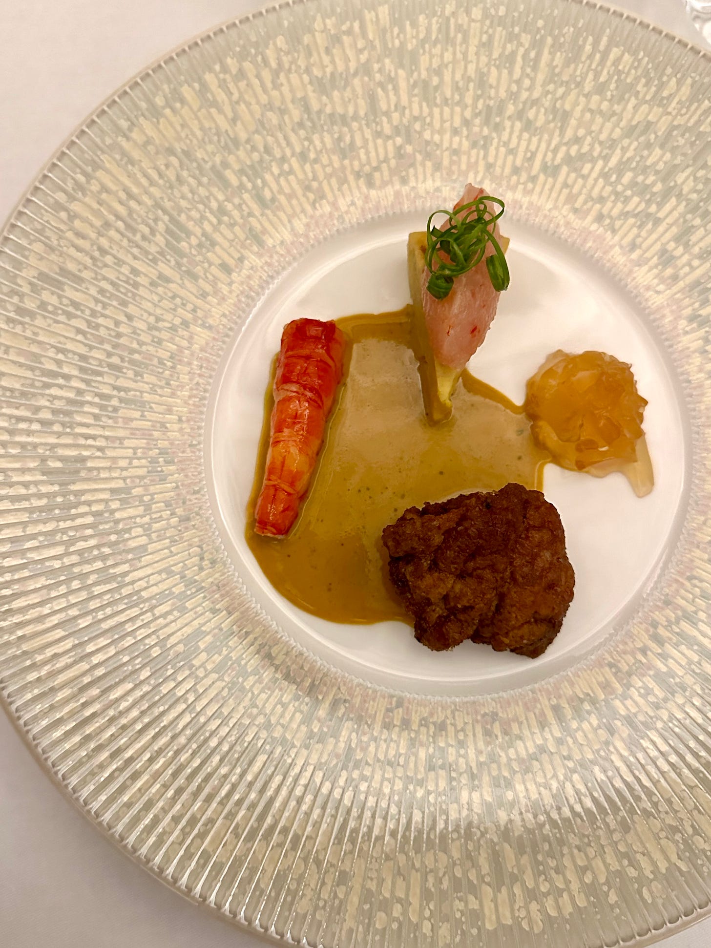 Veal sweetbread with tortilla, Serrano jelly, Gambero Rosso at The Morrison Room
