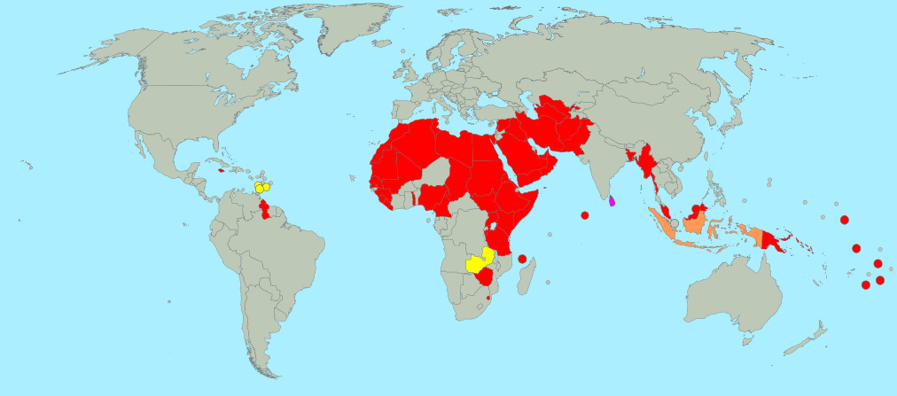 Map of the 65 countries where sexual relations between people of the same sex are illegal. YELLOW countries have sodomy laws that are currently being challenged before local courts. Sri Lanka, in PINK, currently has a bill before its parliament to repeal its sodomy law. Indonesia, in ORANGE, has laws that criminalize homosexuality only in some subnational jurisdictions. All states in RED have nationwide sodomy laws and no known legislative efforts or court challenges to remove them. Map of the 65 countries where sexual relations between people of the same sex are illegal. YELLOW countries have sodomy laws that are currently being challenged before local courts. Sri Lanka, in PINK, currently has a bill before its parliament to repeal its sodomy law. Indonesia, in ORANGE, has laws that criminalize homosexuality only in some subnational jurisdictions. All states in RED have nationwide sodomy laws and no known legislative efforts or court challenges to remove them.