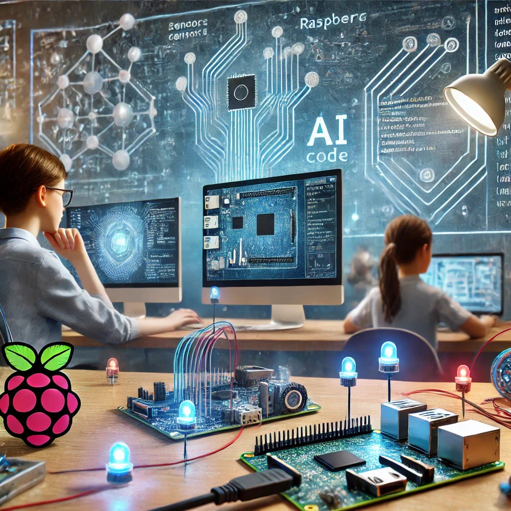 A futuristic classroom setting where students are working with Raspberry Pi kits, sensors, and AI-assisted coding. A student is looking at a computer screen with AI-generated code, while another is assembling a circuit with LEDs and a sensor. The atmosphere is vibrant and engaging, with technology playing a key role in learning. The background features a whiteboard with circuit diagrams and coding notes. The overall theme conveys innovation in physics education.
