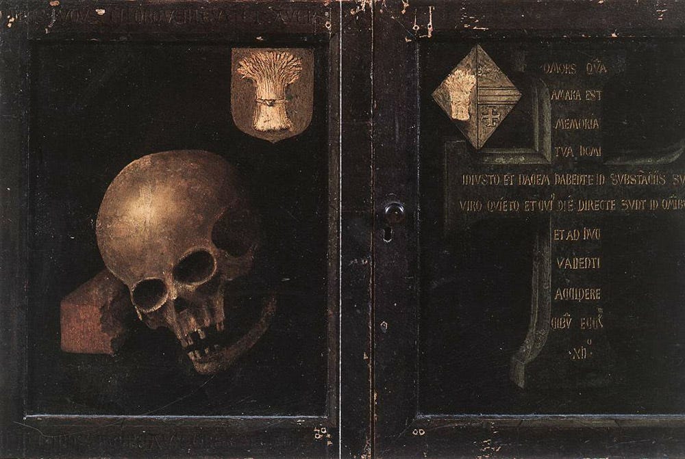 A yellowed skull on a black ground on the outer panel of a triptych
