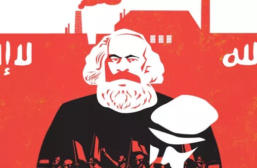 A graphic illustration featuring Karl Marx in the foreground with red backgrounds displaying Arabic text, symbolizing political and ideological themes.