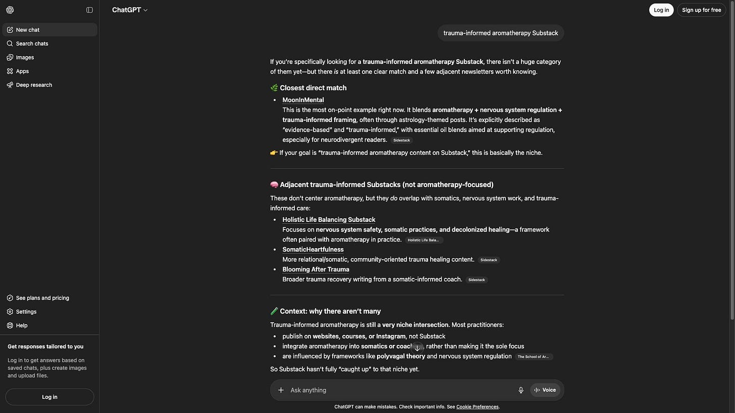 ChatGPT response to the query "trauma-informed aromatherapy Substack" naming MoonInMental as the closest direct match. AI visibility test screenshot from The Visible Practitioner GEO case study, May 1 2026.