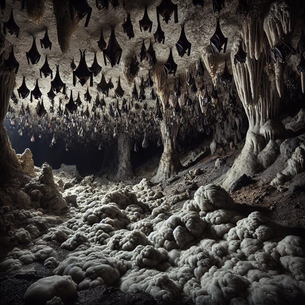 A dark cave interior filled with a large colony of bats hanging from the ceiling, suggesting they have inhabited the space for generations. The cave floor is covered with a thick, white layer of bat guano, visibly dense and piled up over time. The scene is dimly lit to highlight the eerie atmosphere, with bats clinging tightly to the ceiling, wings folded. Shadows and textures emphasize the rugged cave walls and the substantial guano buildup on the floor, reinforcing the sense of a long-inhabited bat cave.