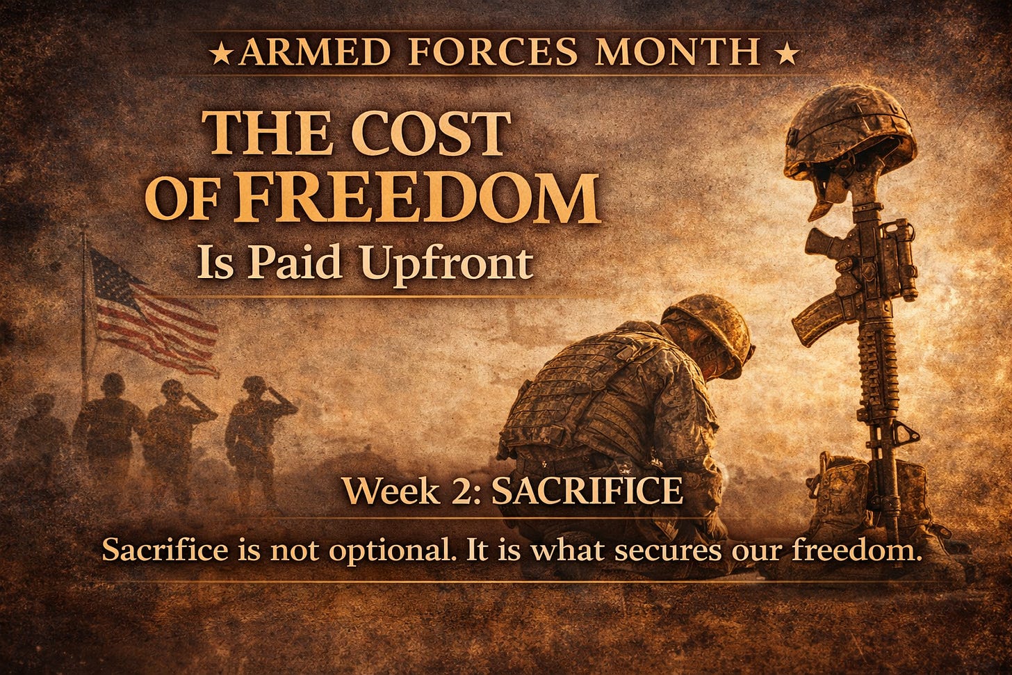 Vintage-style Armed Forces Month graphic depicting a kneeling soldier beside a battlefield memorial rifle and helmet, with silhouetted service members saluting an American flag in the background. The image includes the text “The Cost of Freedom Is Paid Upfront” and “Week 2: Sacrifice,” emphasizing the price and burden of preserving liberty.