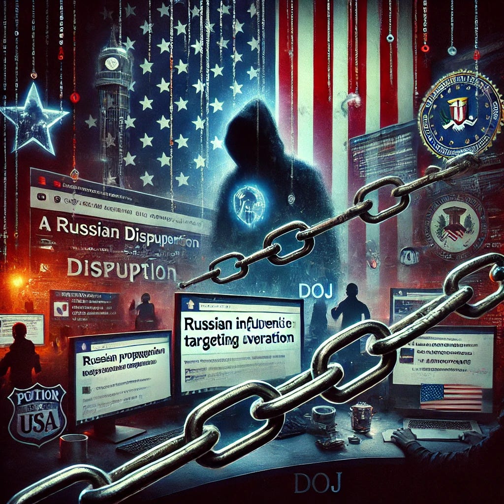 An impactful news image showing a disrupted Russian influence operation targeting US voters. Depict a visual of a darkened, ominous background representing cyber warfare, with broken chains symbolizing the DOJ's successful disruption. Include computer screens with Russian propaganda spreading disinformation about the US elections, showing manipulated social media posts. In the background, an American flag appears distorted and fragmented, while silhouettes of political candidates are shown with Russian icons in the shadows. The image should reflect a sense of tension and the battle for truth and democracy.