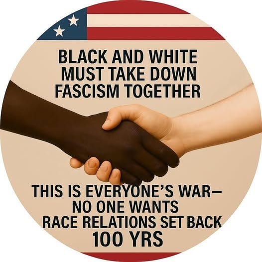 May be a black-and-white image of text that says 'BLACK AND WHITE MUST TAKE DOWN FASCISM FASC TOGETHER THIS IS EVERYONE'S WAR- NO ONE WANTS RACE RELATIONS SET BACK 100 YRS'