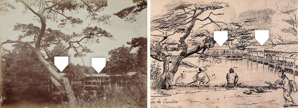 1860s photo and sketch of Jūnisō Pond in Shinjuku, Tokyo