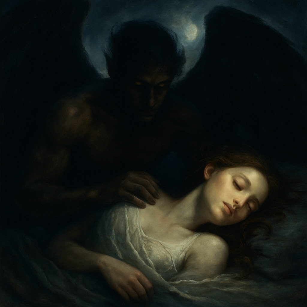 “Dark, winged figure looms over a sleeping woman under moonlight, hand hovering at her shoulder—gothic, painterly scene.”