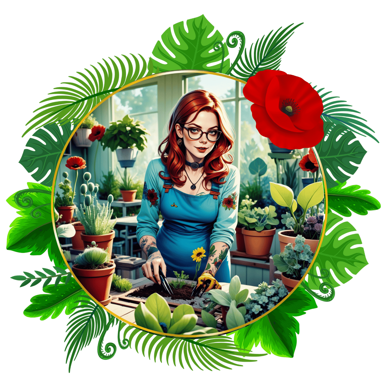 An image of a smart woman in her greenhouse, there are red poppies around her and she has red hair that frames her face 