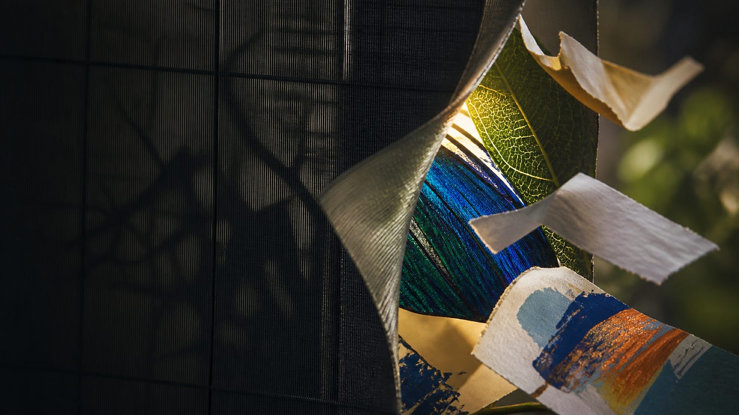 Torn fabric exposes a colorful ball, paint swatches, and a green leaf on a textured surface.