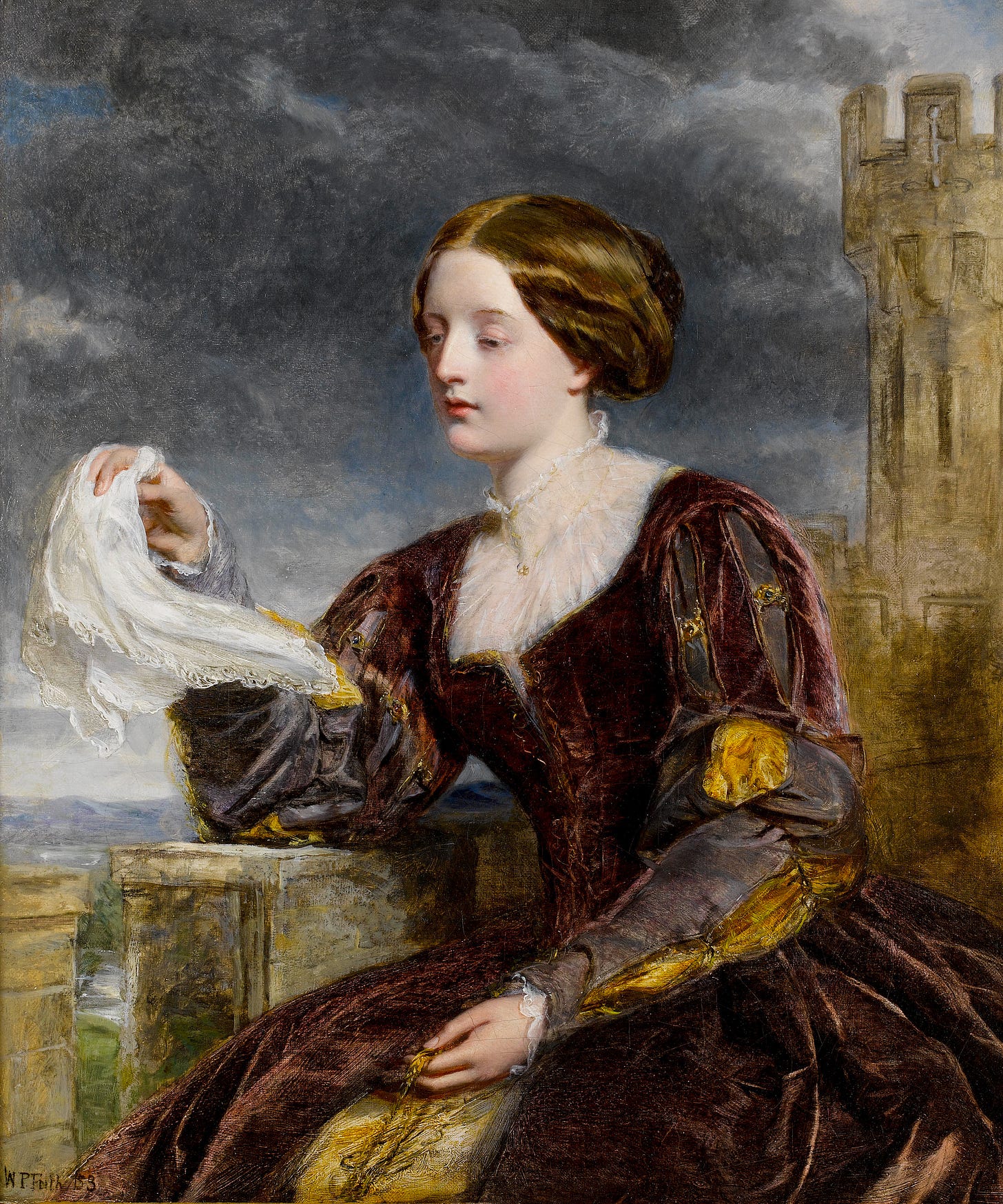 William Powell Frith, 1858 painting The Signal in which a white young woman in a brown gown sits on a castle battlement and waves a white handkerchief. The sky above her is stormy William Powell Frith, 1858 painting The Signal in which a white young woman in a brown gown sits on a castle battlement and waves a white handkerchief. The sky above her is stormy