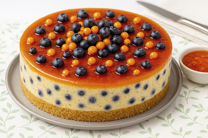 Cheesecake cu cătină și afine