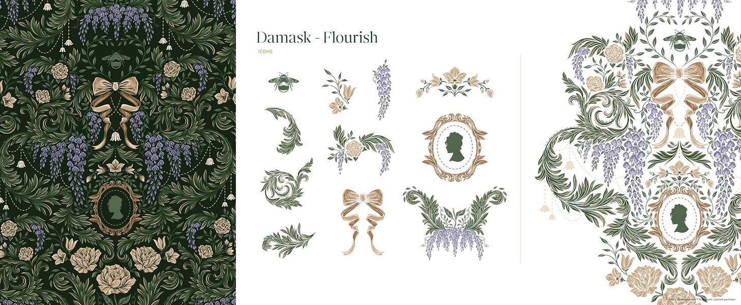 Overview of deliverables for damask pattern, green with filigree and icon gallery.