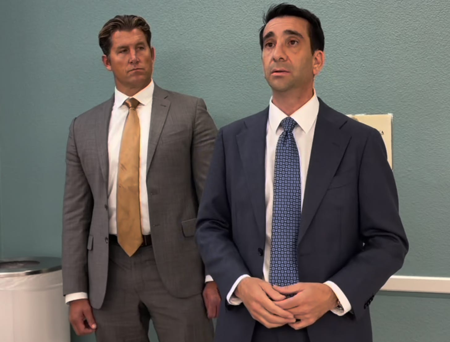 Encinitas City Councilman Luke Shaffer, left, and his attorney, Isaac Blumberg, meet with reporters after Thursday’s preliminary hearing at the Vista Courthouse. Steve Puterski image