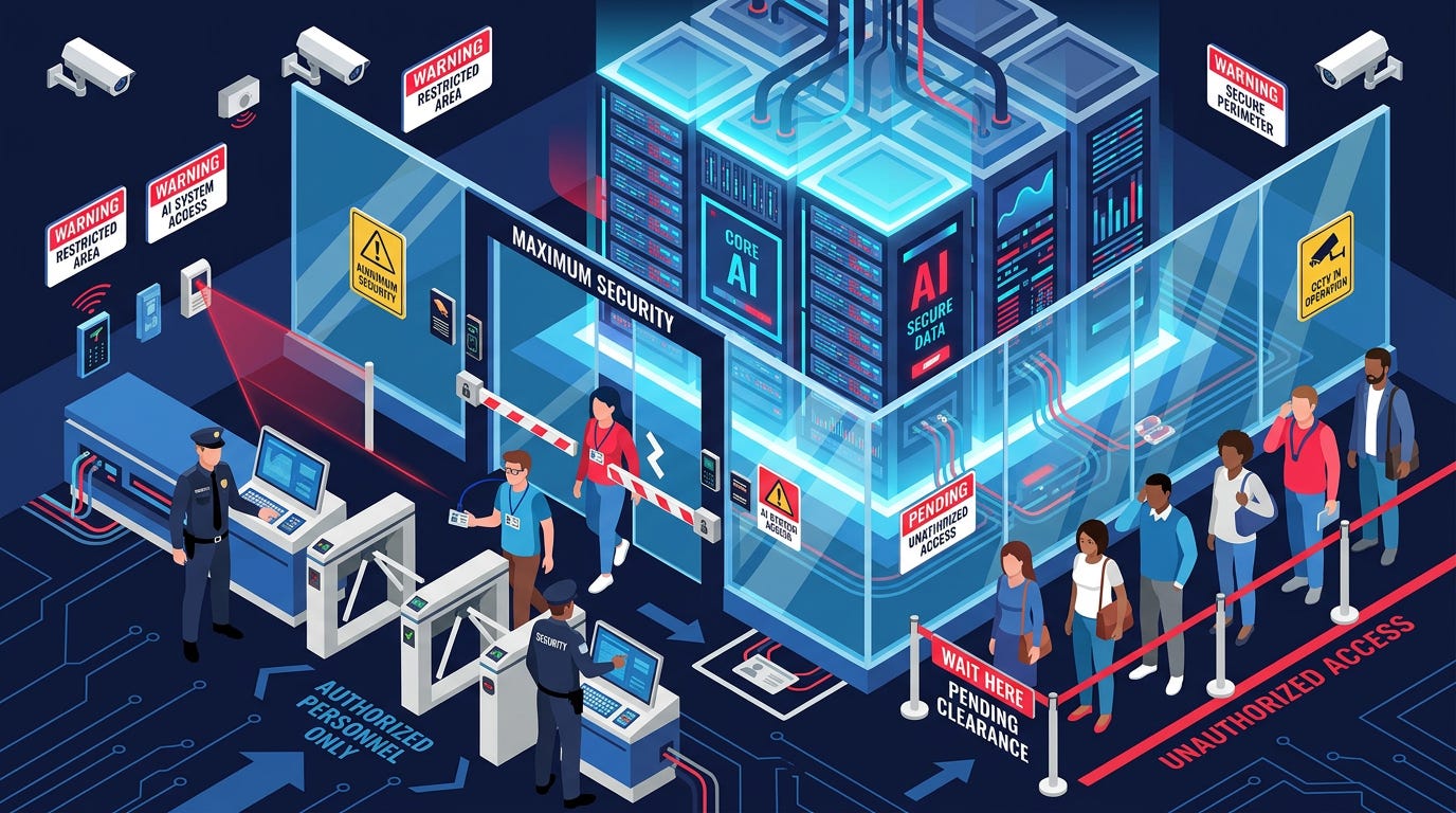 Flat isometric illustration of a massive glowing AI server behind a secure glass gate, a digital access checkpoint in front with only a few approved figures being allowed through while others wait outside, security cameras and locked barriers surrounding the system, dark navy background, clean vector art style, bold blue, red and white accents, modern cybersecurity editorial aesthetic Flat isometric illustration of a massive glowing AI server behind a secure glass gate, a digital access checkpoint in front with only a few approved figures being allowed through while others wait outside, security cameras and locked barriers surrounding the system, dark navy background, clean vector art style, bold blue, red and white accents, modern cybersecurity editorial aesthetic