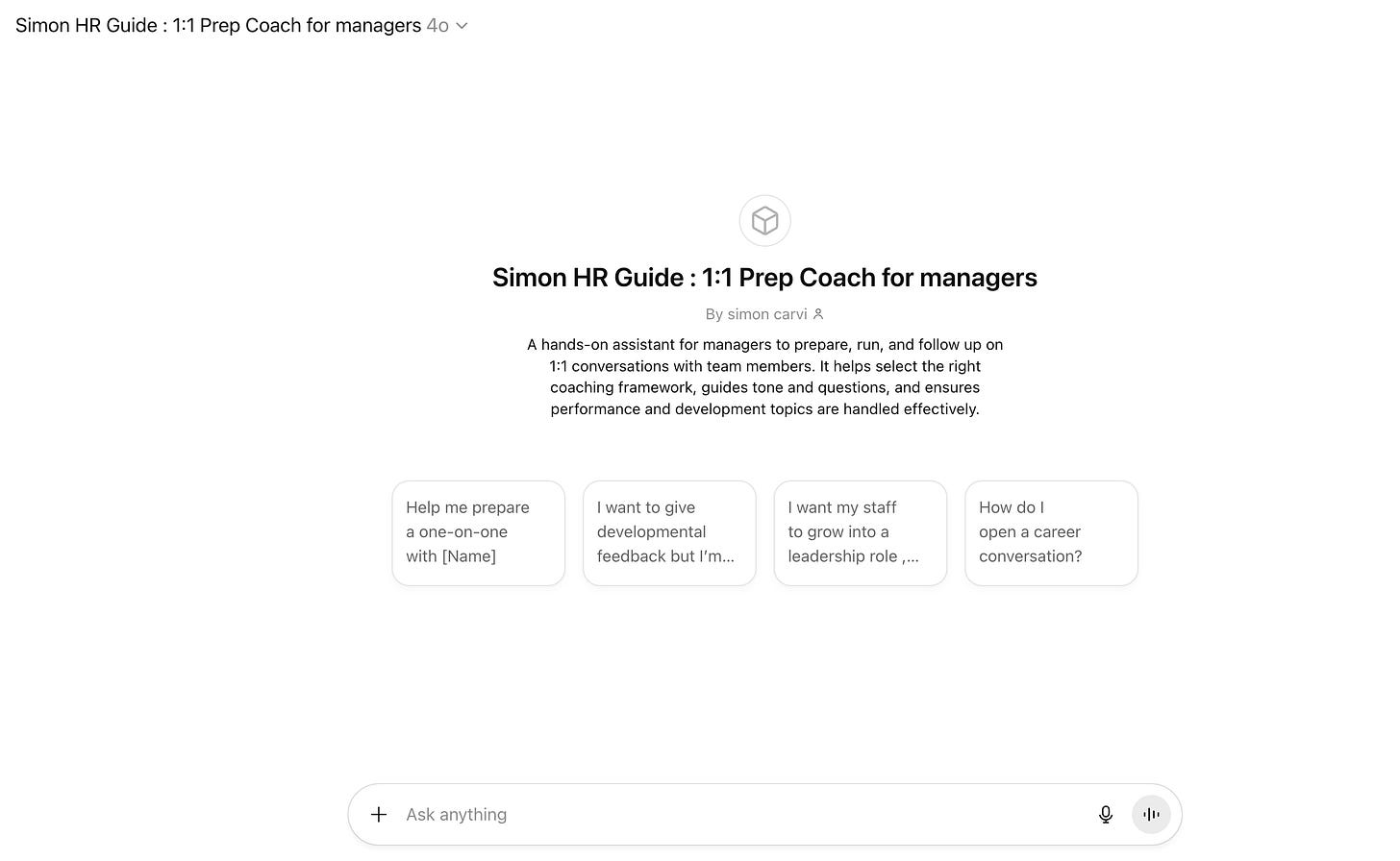 Screenshot of Simon HR Guide: 1:1 Prep Coach for Managers — a ChatGPT for HR assistant that helps managers prepare, run, and follow up on one-on-one meetings with team members.