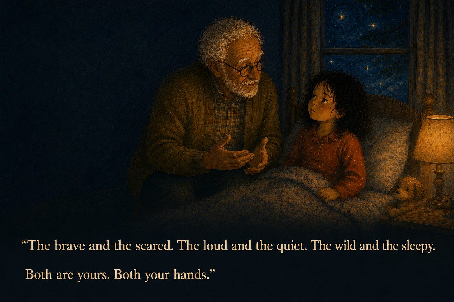 'The brave and the scared. The loud and the quiet. The wild and the sleepy. Both are yours. Both your hands.' Grandpa gestures with open hands at Juno's bedside in the lamplight.