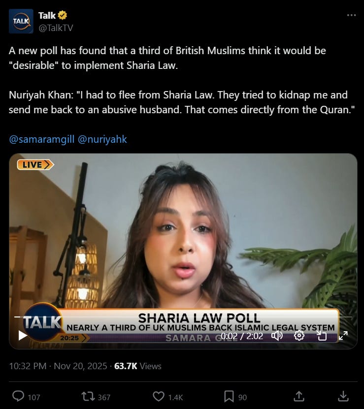 TalkTV-kanavan torstaina 20. marraskuuta julkaisemassa ohjelman pätkässä aihetta kommentoi pakistanilaistaustainen toimittaja ja entinen muslimi Nuriyah Khan. 