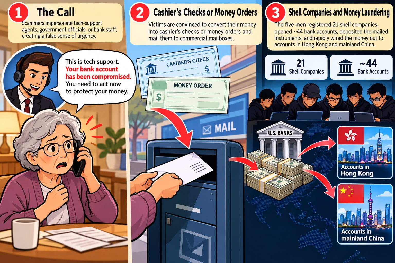 Illustration from the NoScammer article about seniors mailing cashier's checks in a tech-support scam.
