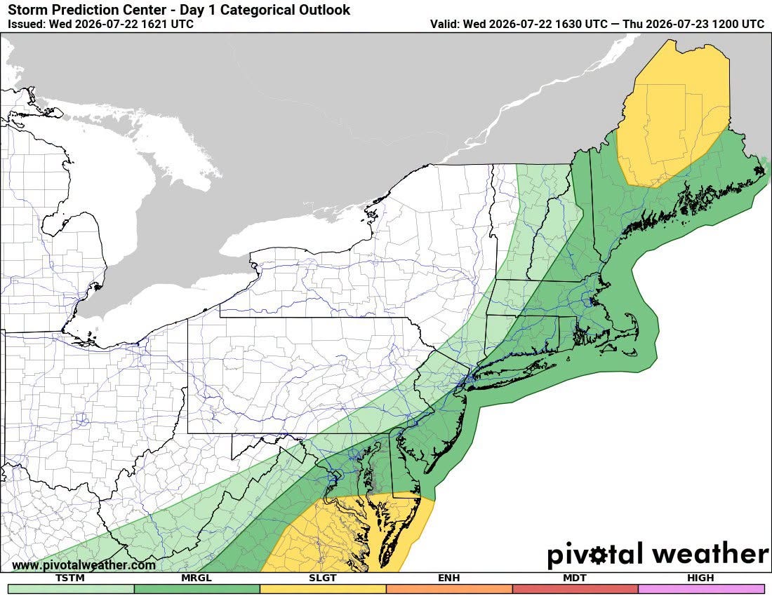 May be an image of map and text that says 'Storm Prediction Center Day 1 Categorical Outlook Issued: Wed 2026-07-22 -221 22 1621 C Valid: Wed 2026-07-22 1630 UTC- Thu 2026-07-23 1200 C www.pivotalweather.com TSTM MRGL SLGT ENH piv#tal weather MDT HIGH'