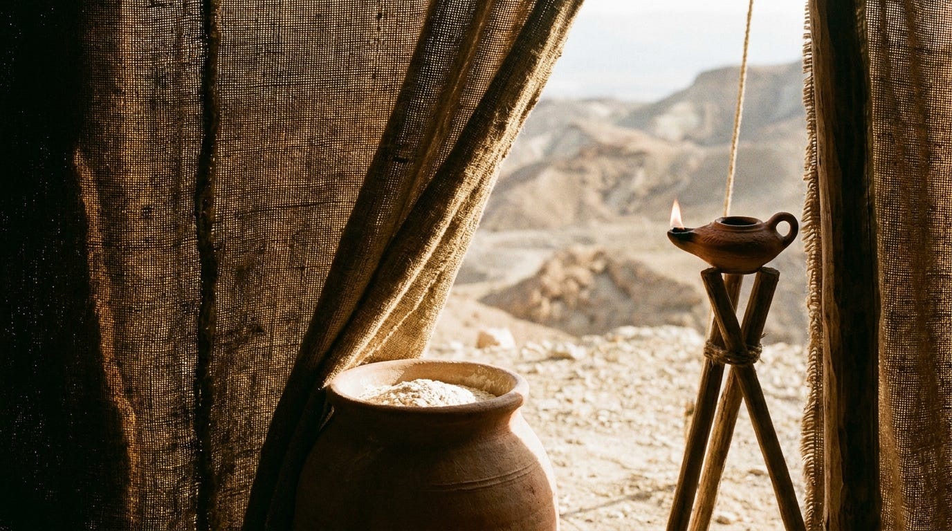 An ancient woven tent curtain half drawn back, warm sunlight falling across a clay jar of fine flour and a lit oil lamp on a wooden stand inside, desert hills beyond, no people, no faces, no text An ancient woven tent curtain half drawn back, warm sunlight falling across a clay jar of fine flour and a lit oil lamp on a wooden stand inside, desert hills beyond, no people, no faces, no text