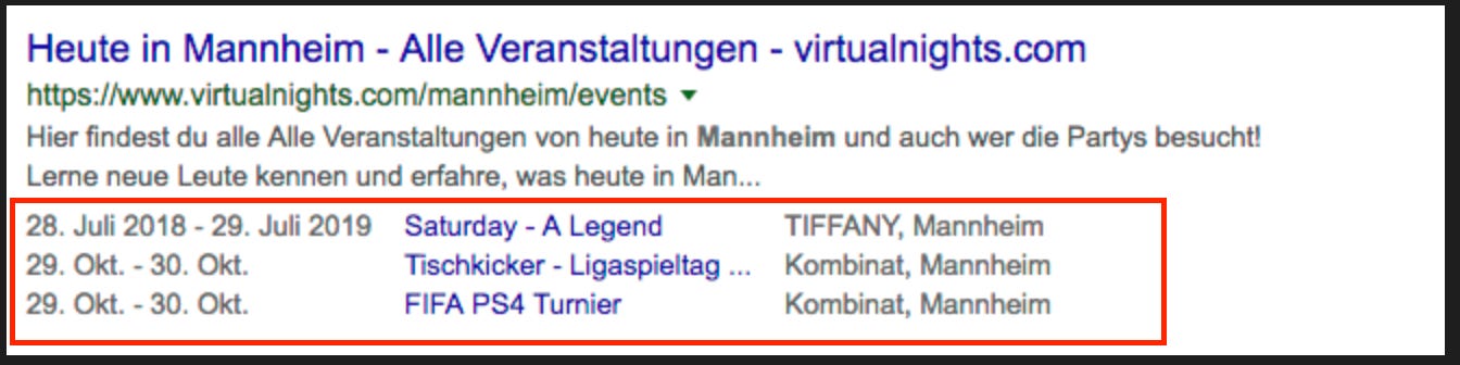 Screenshot of google SERP with events snippet