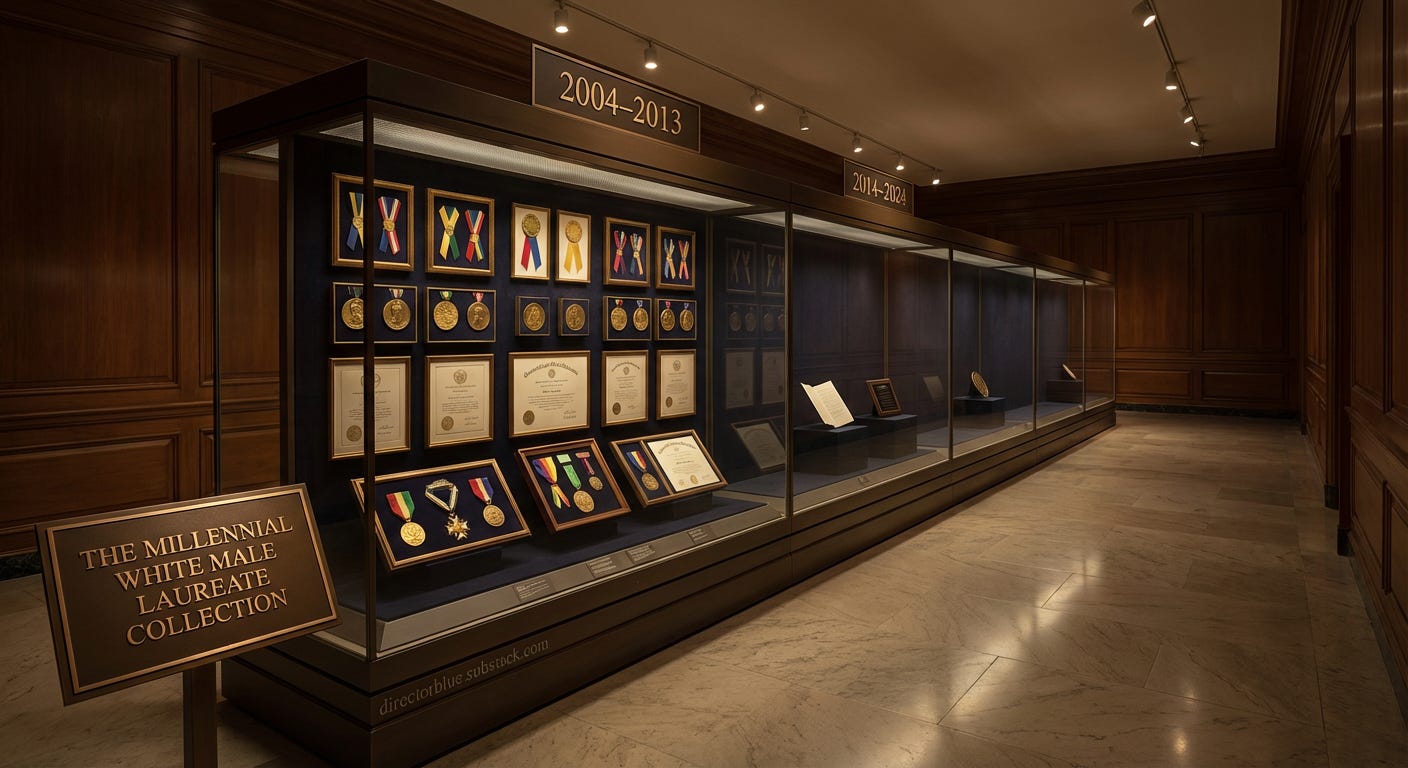 A grand museum-style hall with dramatic lighting featuring a long glass display case stretching into the distance The case is divided into two sections with years marked The section labeled 20042013 is filled with gleaming awards medallions _image_1