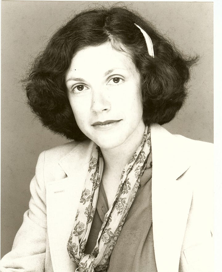 Left: a middle-aged woman with thick gray hair (Tillie Olsen). Right: Young woman in her office blazer and scarf (Rona Maynard).