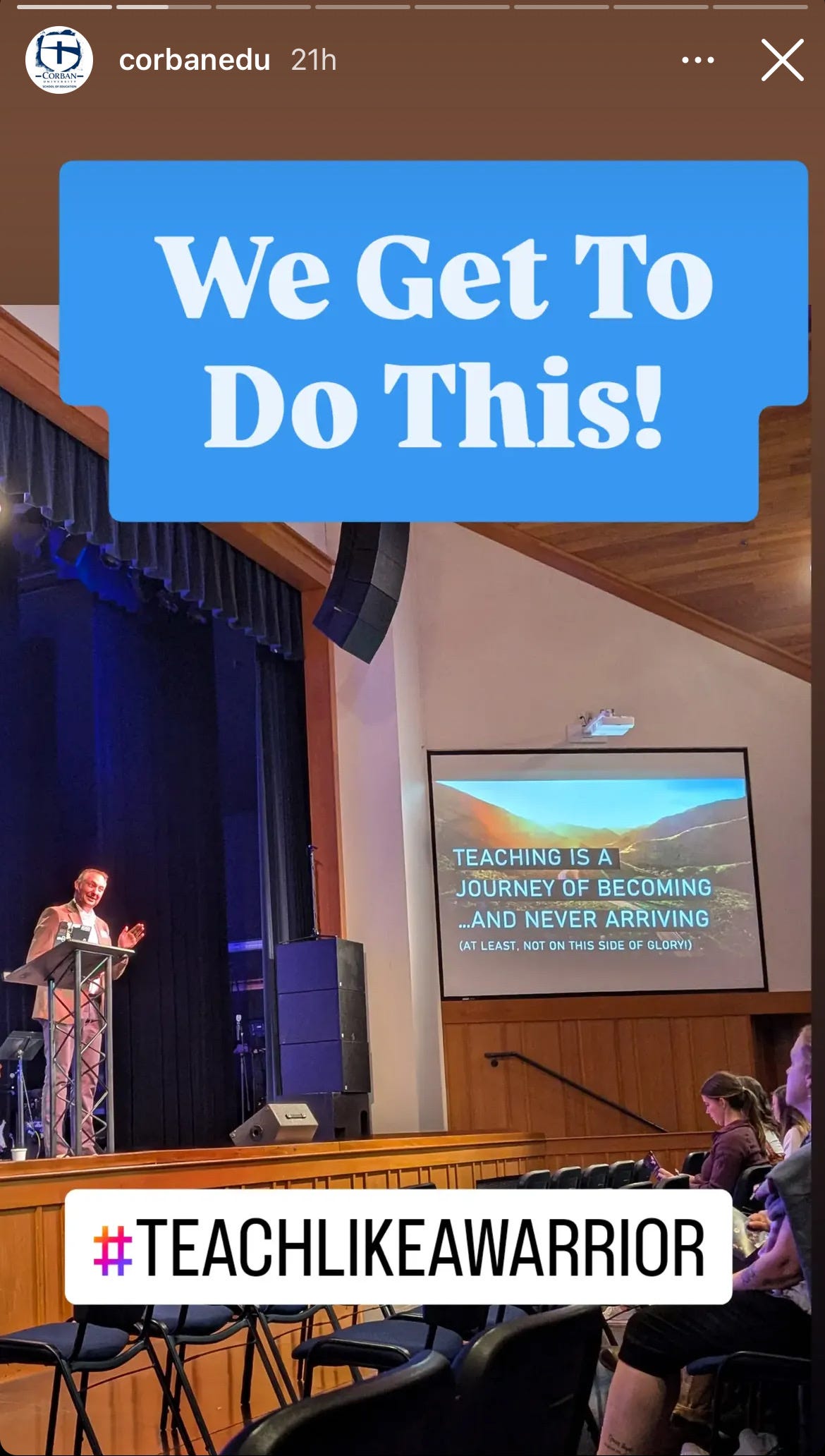 A screenshot of an Instagram story from Corban University's Education department featuring Dr. Dave on stage A screenshot of an Instagram story from Corban University's Education department featuring Dr. Dave on stage