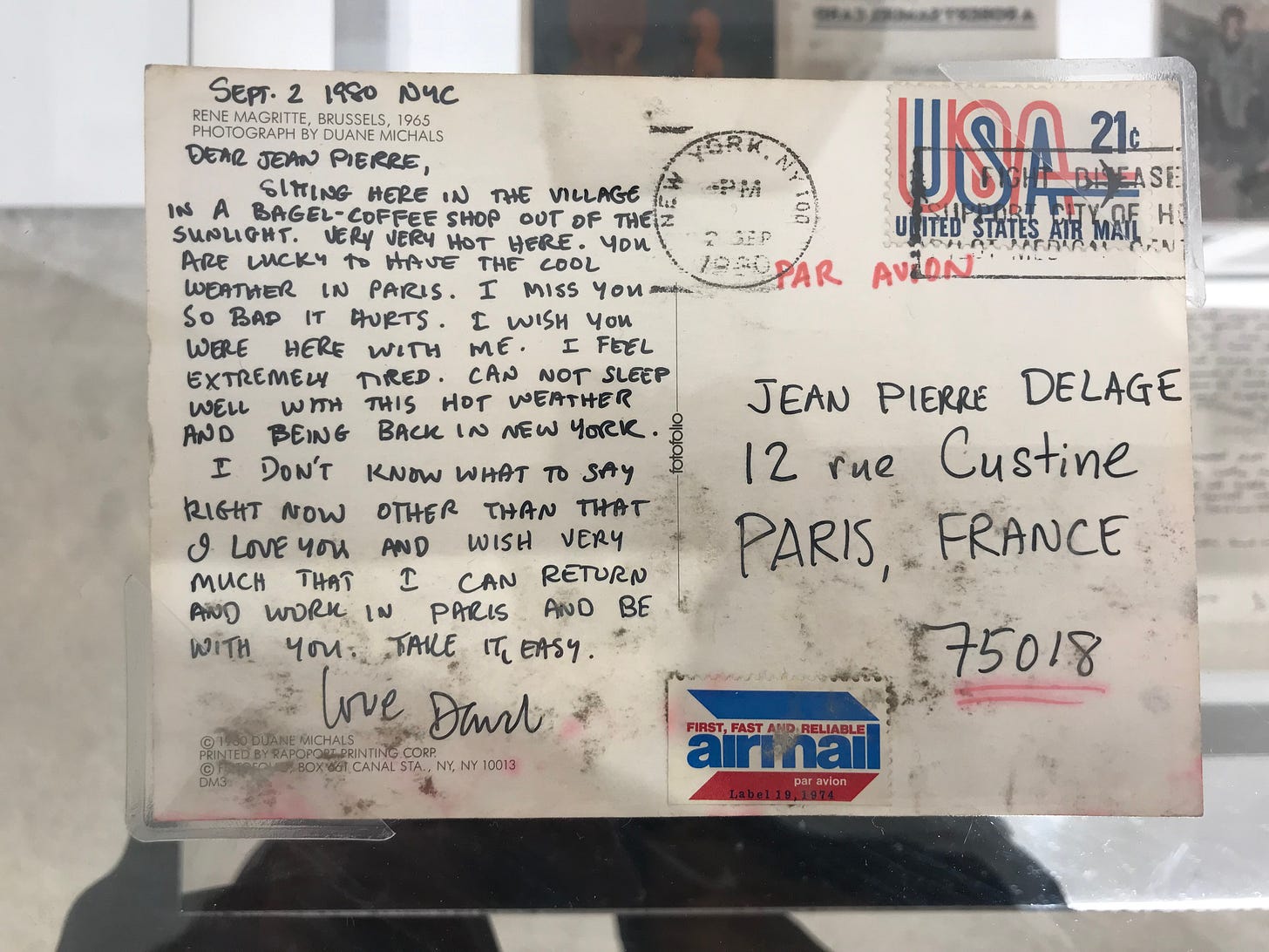 A postcard from David Wojnarowicz to Jean Pierre Delage dated Sept 2 1980