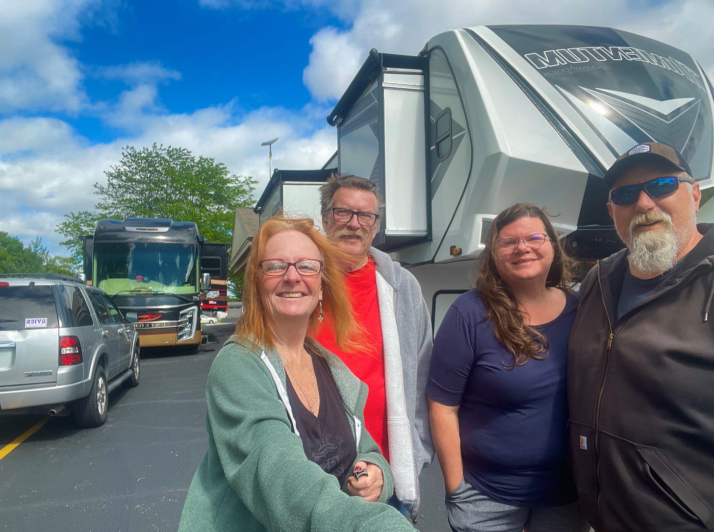 My selfie of us and our new friends in front of our RVs in the church parking lot.