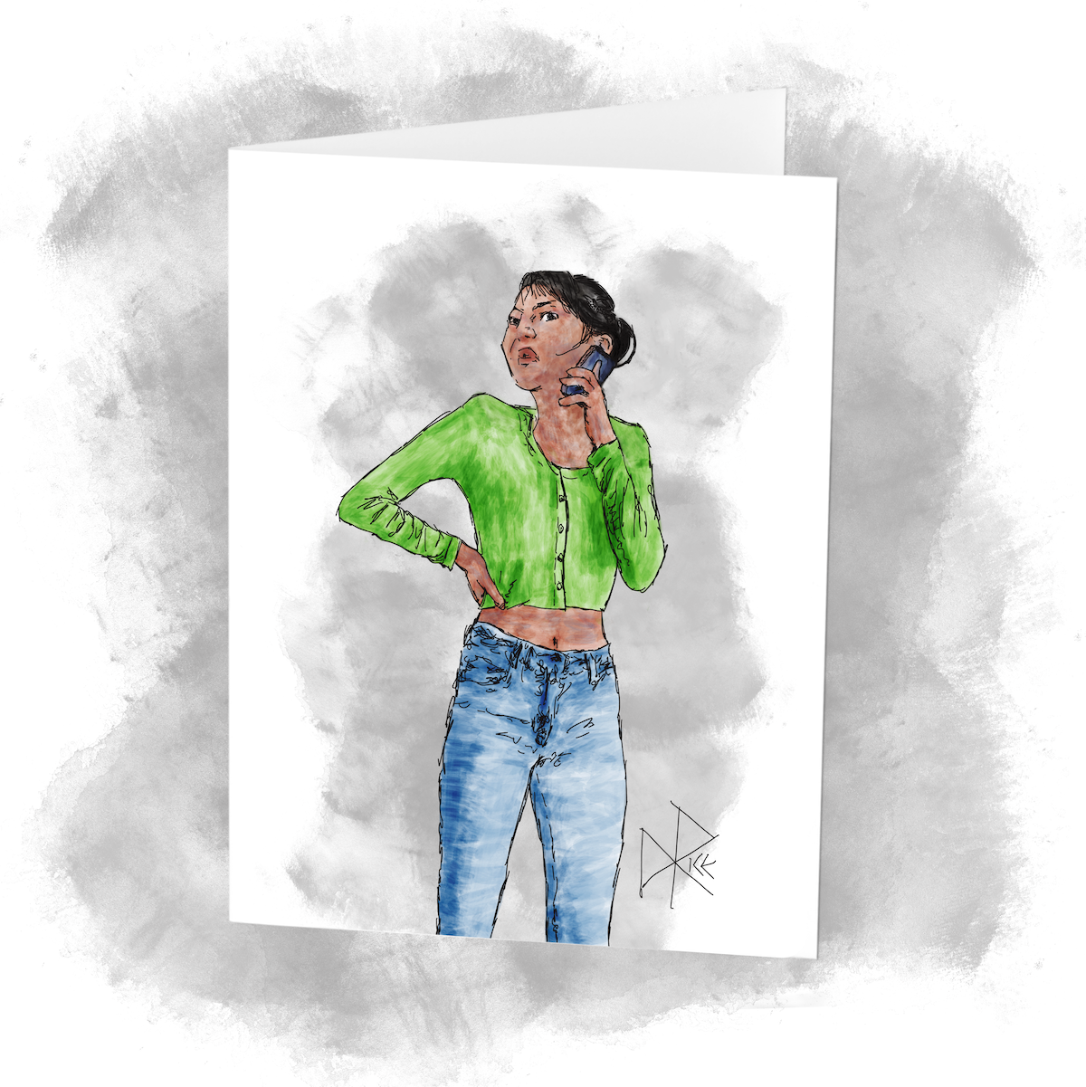 A woman stands while talking her phone, with her other hand firmly grasping her hip as she engages in a tense conversation with whoever is on the other end of the call. Sketch art by Don Rice.
