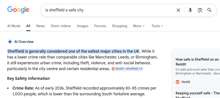Screenshot

Google search for "Is sheffield a safe city"

First line of answer "Sheffield is generally considered one of the safest major cities in the UK. "
