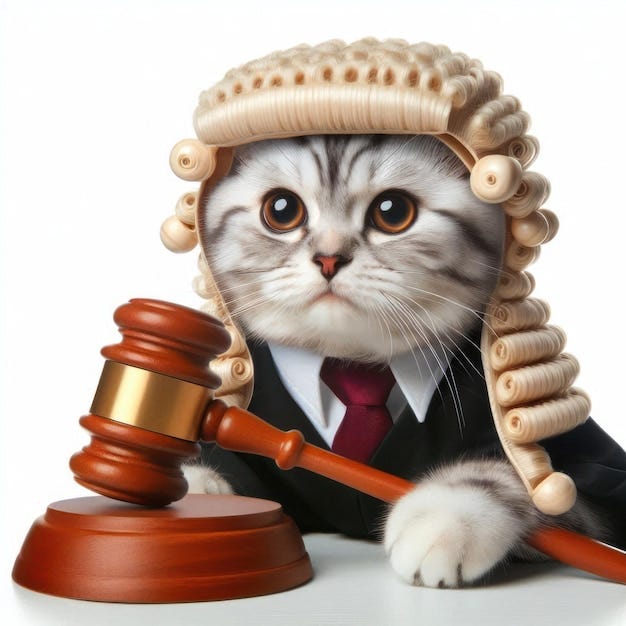 Funny cat with judge wig and gavel isolated on white background | Premium  AI-generated image