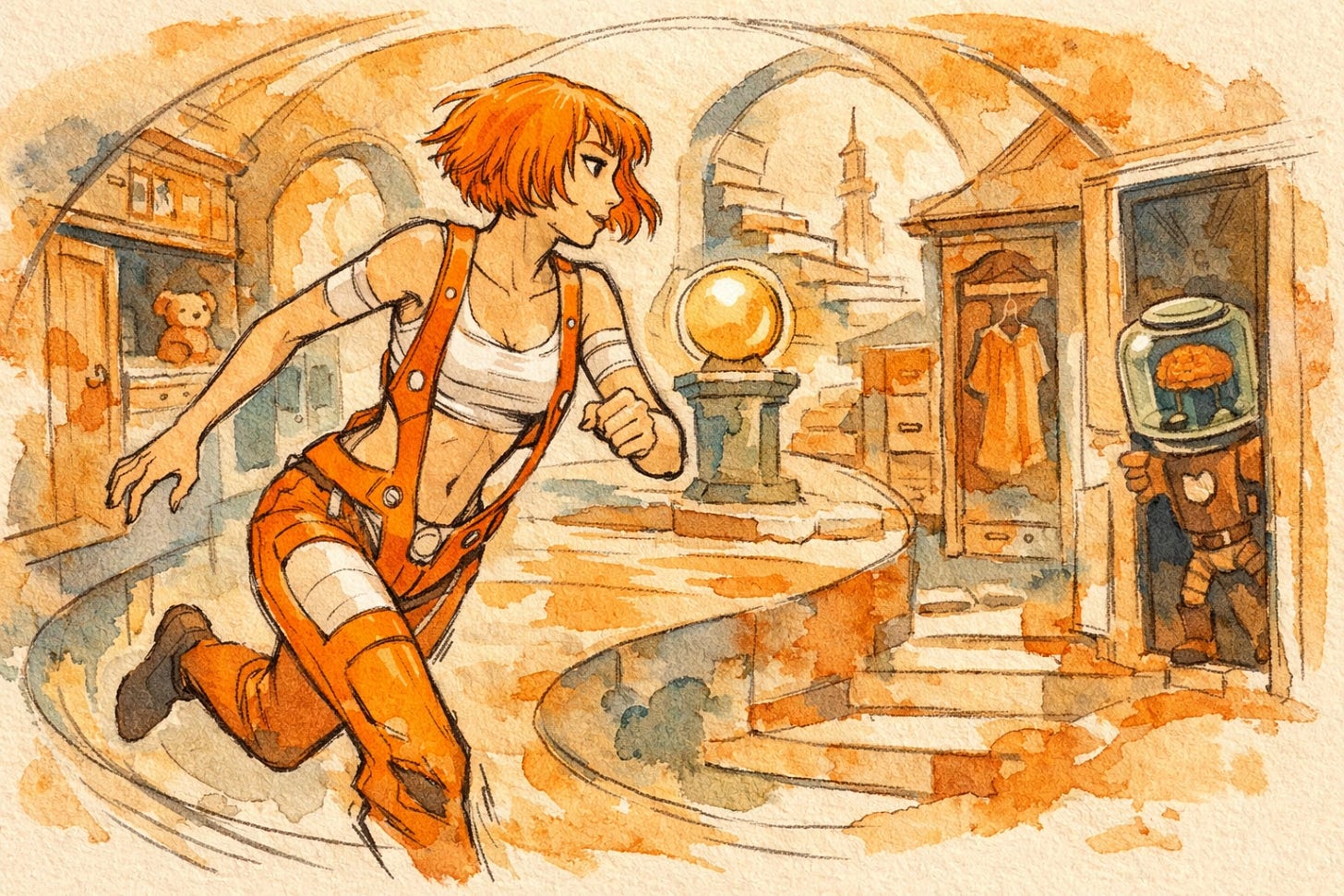 A figure in orange suspenders sprinting through a watercolor memory palace — rooms and closets branching in every direction, warm light spilling from open drawers