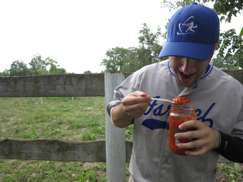 Oren Gal aka Goat Boy, the only man who eats 2 breakfasts, 3 lunches, and 4 dinners, ate half his jersey in his sleep last night, woke up in a panic. 2nd Base.