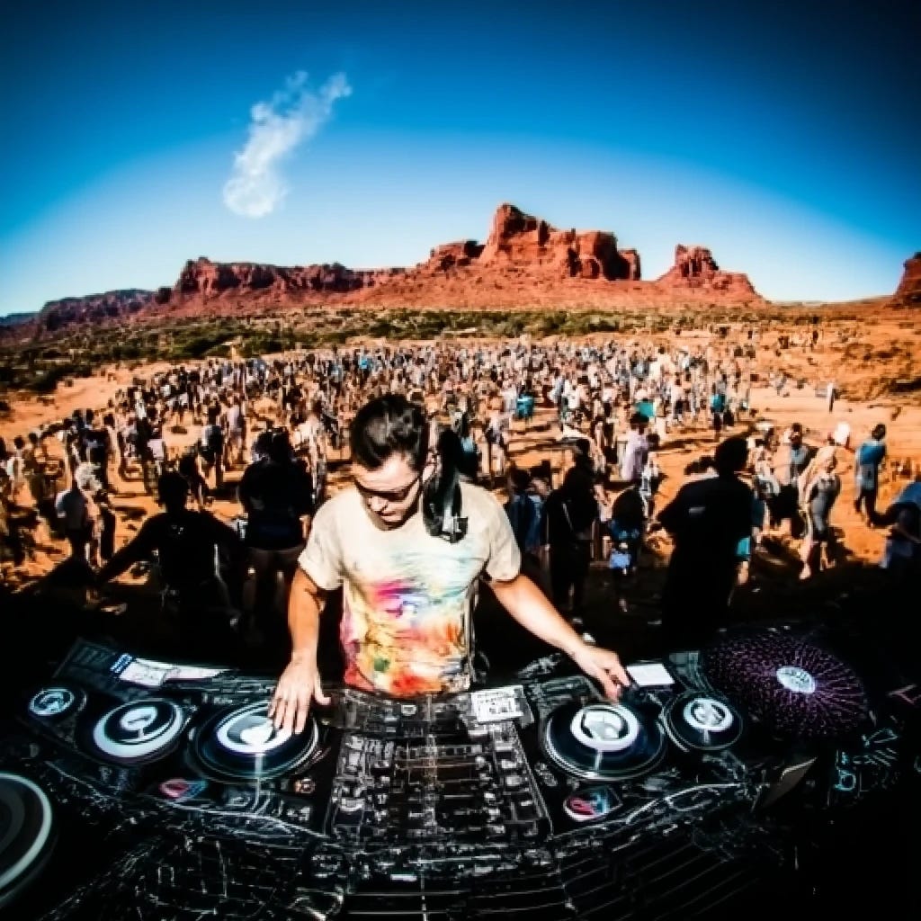 DJ spinning tables in the daytime in the middle of desert in Moab Utah with rave goers