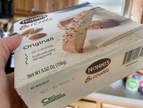 A selection of items I purged from my parents' home: lentils and canned goods, frozen biscotti ca. 2012, krumkake from long ago, cat dishes purchased ca 1972, peanut butter and cigar tins, an electric teakettle that had been decommissioned years and years ago