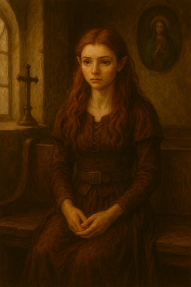 Create an image of Ireena waiting in the sanctuary at St. Andral's church, with features inspired by Thomasin McKenzie (not an exact likeness), and red hair