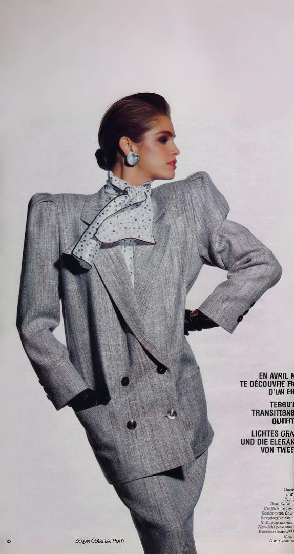 Saint Laurent power suit autumn winter 1987 vs. Summer 2025
