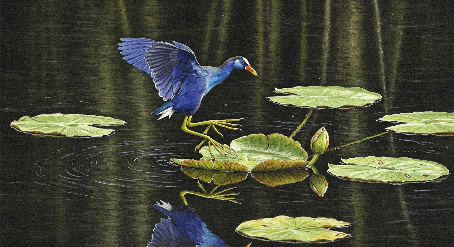 Bird landing on a lily pad. Bird landing on a lily pad.