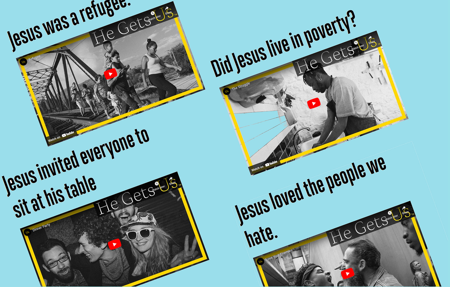 Collage of screen captures from the He Gets Us campaign.