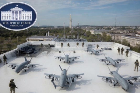 Donald Trump's Truth Social photo depicting a "Drone Port" on top of the White House ballroom.