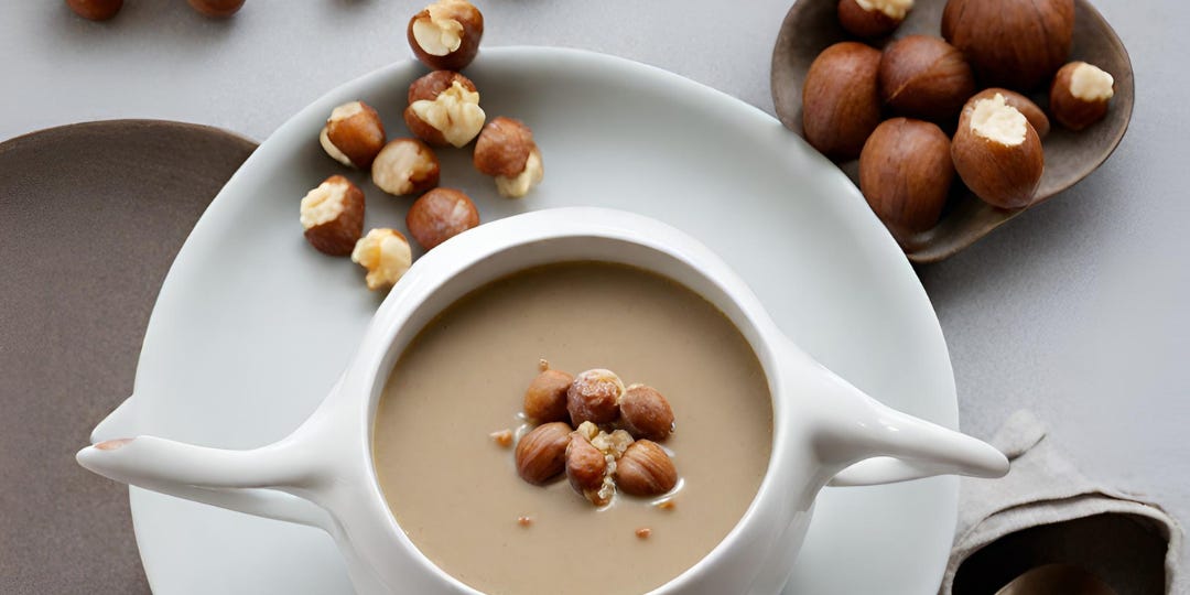 Photos of tureen of beige-colored soup with hazelnut pieces garnishing it