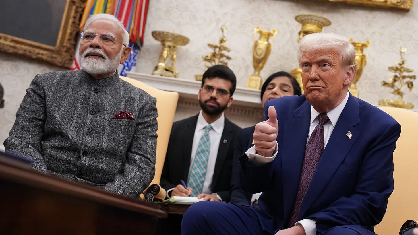 WASHINGTON, DC - FEBRUARY 13: U.S. President Donald Trump and Indian Prime Minister Narendra Modi meet in the Oval Office at the White House on February 13, 2025 in Washington, DC. Prime Minister Modi is meeting with President Trump to discuss tariffs and trade relations in the wake of President Trump's announcement on implementing reciprocal tariffs. (Photo by Andrew Harnik/Getty Images)