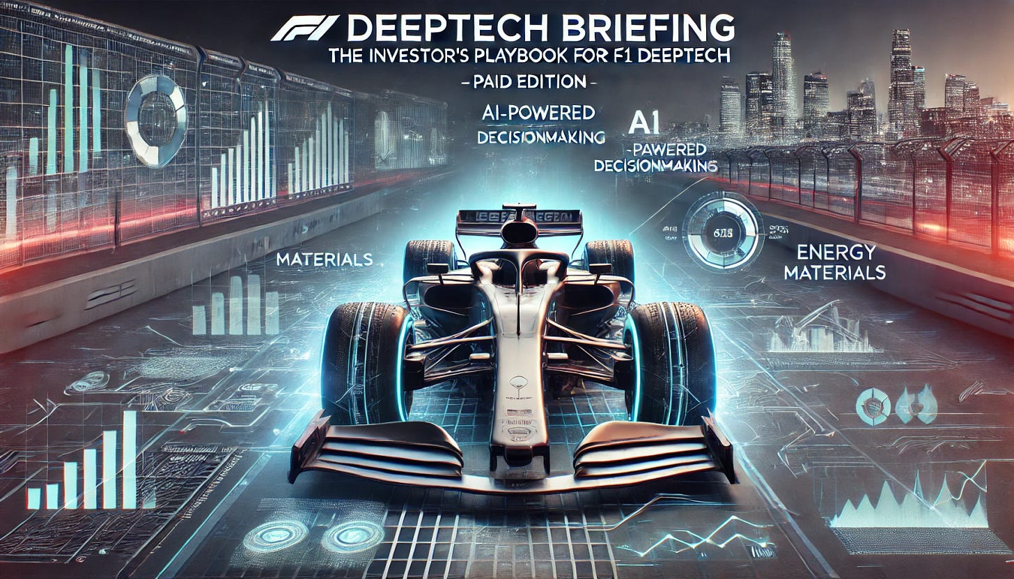 A futuristic Formula 1 car on a high-tech racetrack, surrounded by holographic financial data, investment charts, and deeptech innovation icons. The image highlights AI-powered decision-making, advanced materials, and energy recovery systems, with a bold title overlay: '💰 Deeptech Briefing: The Investor’s Playbook for F1 Deeptech [PAID Edition]'. The background features a sleek, digital cityscape representing the deeptech investment ecosystem. The atmosphere conveys exclusivity, cutting-edge technology, and high-stakes investment opportunities.