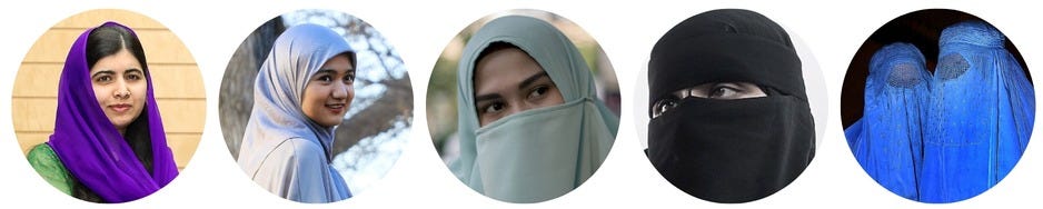 Circle images showing five different variations for Muslim head scarves and dress for women.