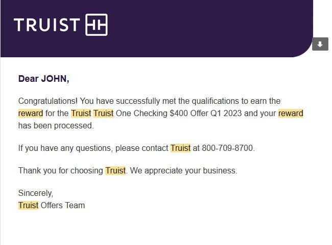 My $400 new account bonus from Truist Bank